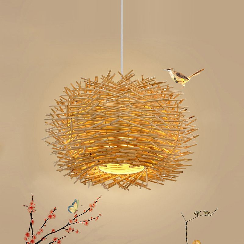 Bird Nest Pendant Light Kit Japanese Rattan Living Room Hanging Ceiling Light in Beige