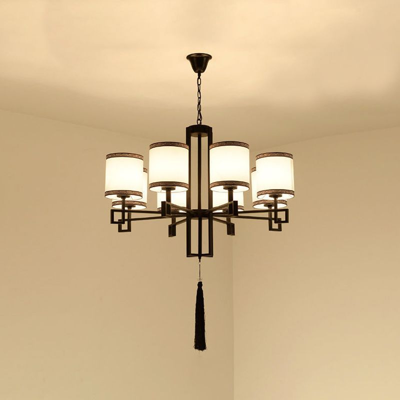 Cylindrical Fabric Suspension Lamp Retro Lobby Living Room Chandelier with Tassel