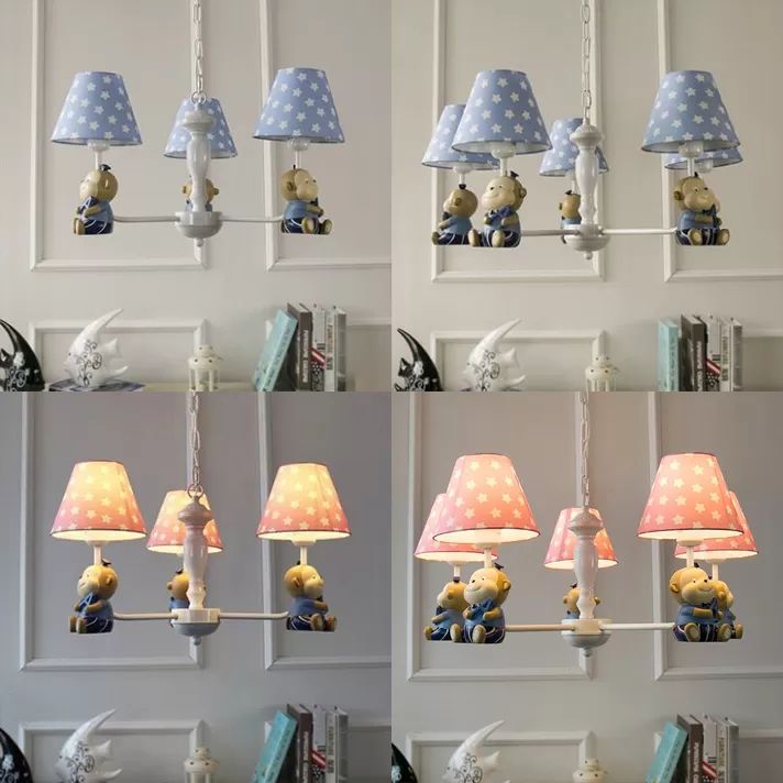 Dot Tapered Shade Chandelier Kids Metal Resin Hanging Light with Monkey for Dining Room