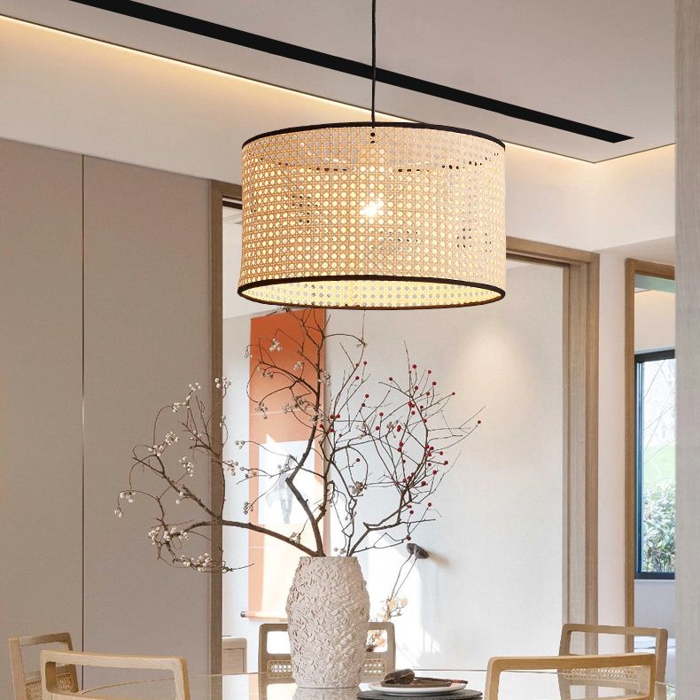 Bamboo Drum-Shaped Ceiling Pendant Lamp Modern Style Suspension Pendant Light in Beige