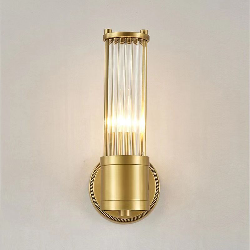 1 / 2 - Light Cylinder Wall Sconce in Gold and Clear Solid Brass and Glass Wall Light