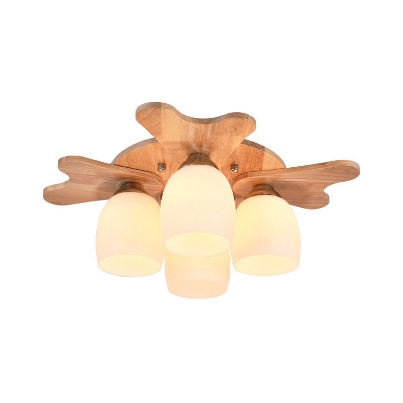 Cream Glass Bell Flush Ceiling Light Nordic 1/5/7-Head Semi Mount Lighting with Antler Top in Wood