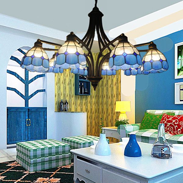 Lustre en verre bleu en verre semi avec chaîne métallique 6/8 lumières