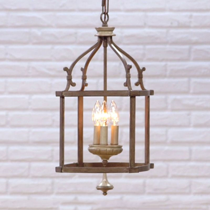 Cage d'oiseau en bois traditionnel lampe suspendue 3 ampoules en métal lustre luminaire à la rouille pour le salon