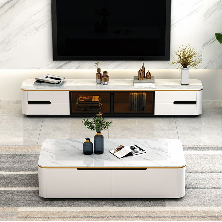 Rectangular Slate Coffee Table Contemporary Simple 4 Drawers Cocktail Table in White