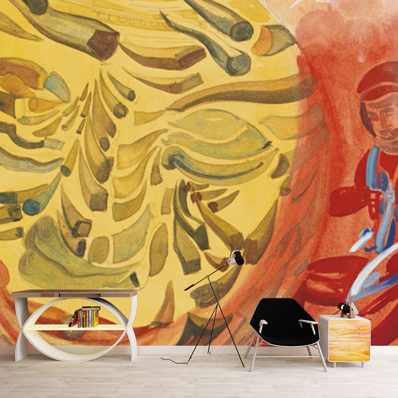 Spacemen in Sphere Mural Wallpaper Red and Yellow Surrealism Wall Decor for Bedroom