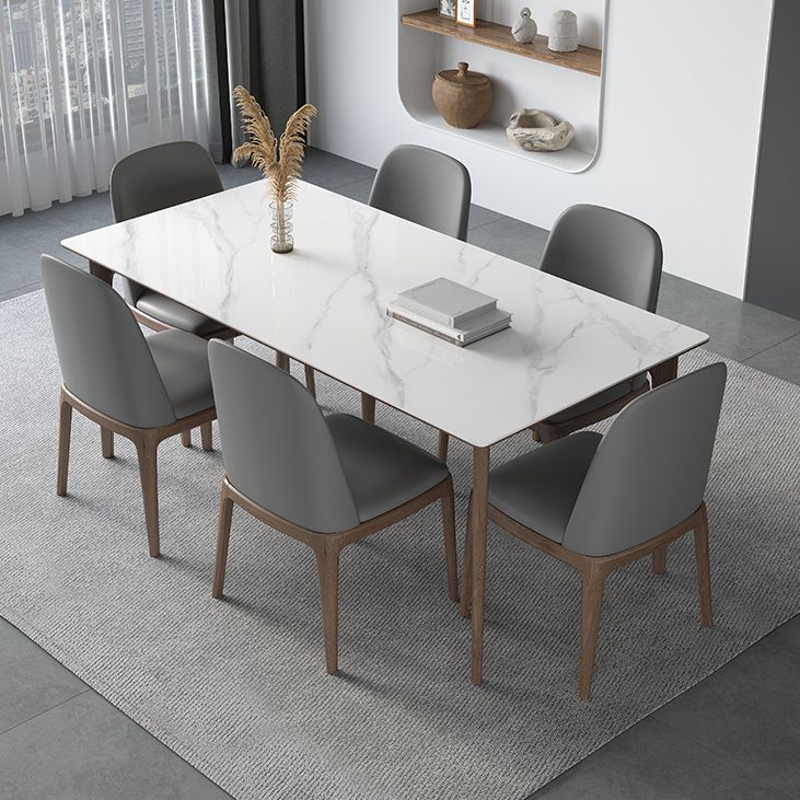 Sintered Stone Rectangle White Table Kitchen Table with Wooden Base and 4 Legs