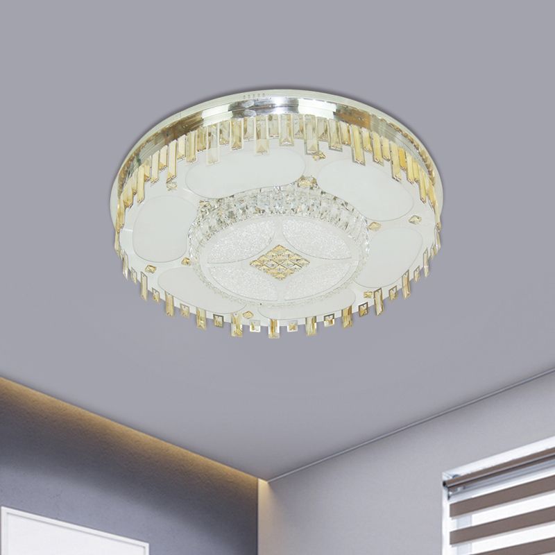 Stainless-Steel Circular Ceiling Lamp Contemporary Clear Crystal Blocks Parlor LED Flush Mount