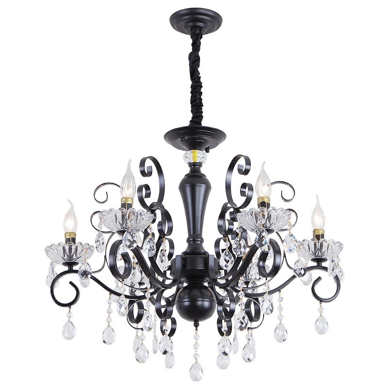 Black Chandelier Lamp Vintage Metal Candle Chandelier Lighting Fixtures with Crystal Drop