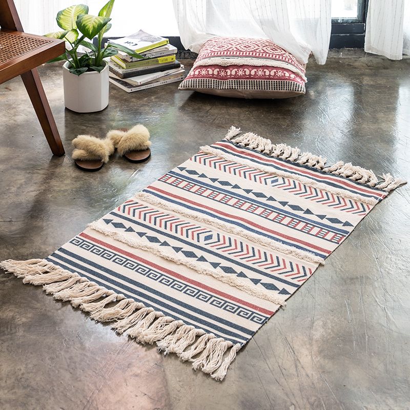 Boho-Chic Geometric Print Carpet Cotton Indoor Rug Fringe Pet Friendly Rug for Home Decoration