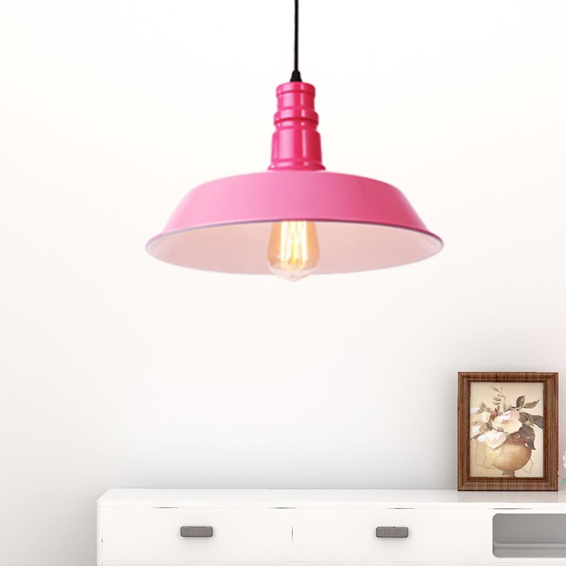 Metal Barn Shade Hanging Lamp Retro Style 1 Bulb Living Room Ceiling Pendant Fixture in Pink/Yellow, 10"/14"/18" Diameter