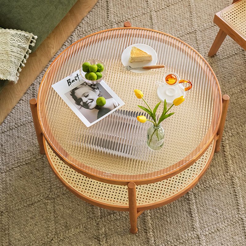 Modern Wood 4 Legs 1 Coffee Table with Shelf Round Glass Table