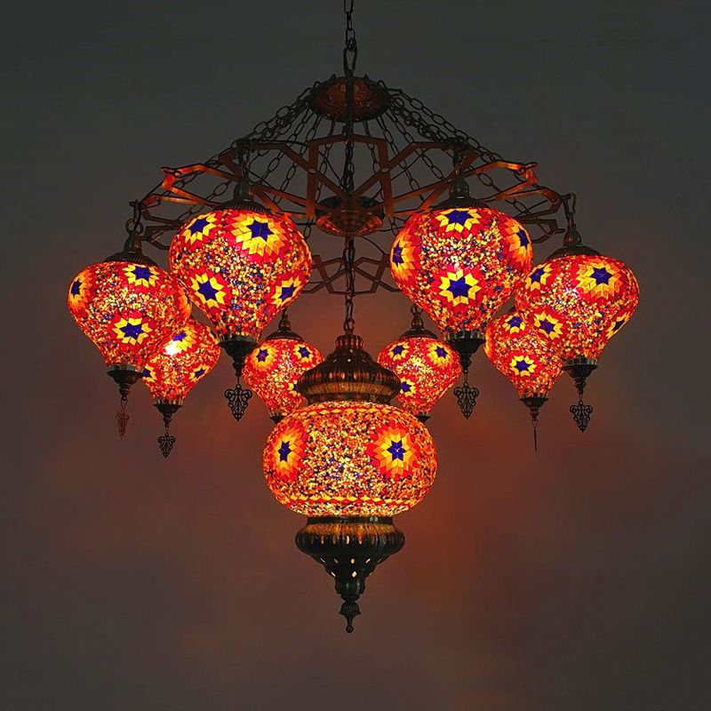Vintage Oval Chandelier Light Fixture 9 Heads Stained Art Glass Hanging Ceiling Light in Red/Blue