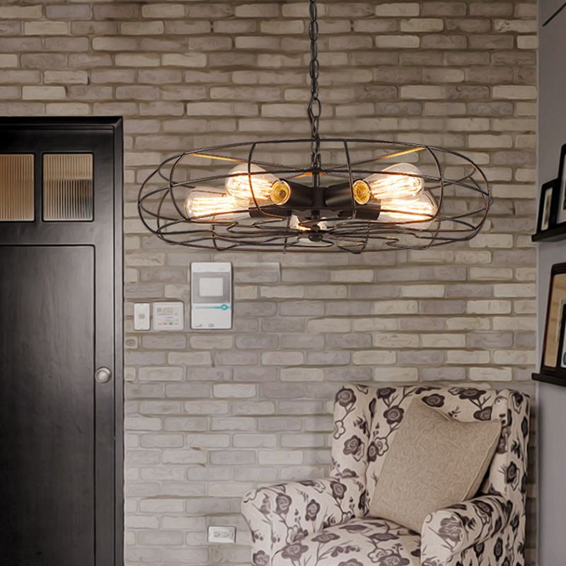 Round Caged Restaurant Ceiling Pendant Industrial Iron 5-Bulb 19"/21.5" W Black Chandelier Lamp