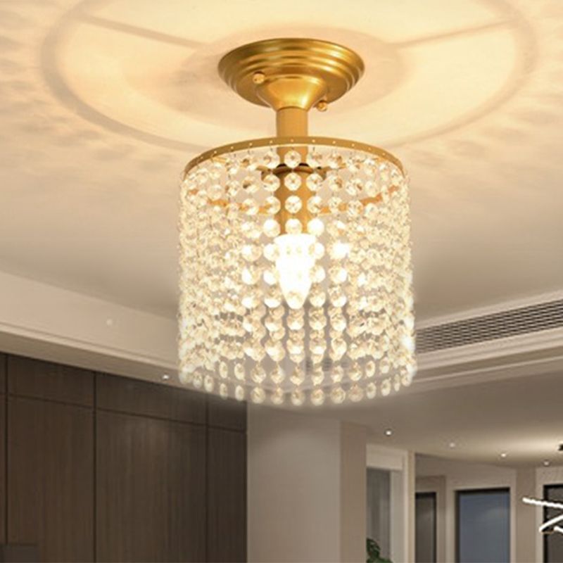 Cylindrical Crystal Strand Semi Flush Lamp Simple 1-Light Gold Finish Close to Ceiling Lighting