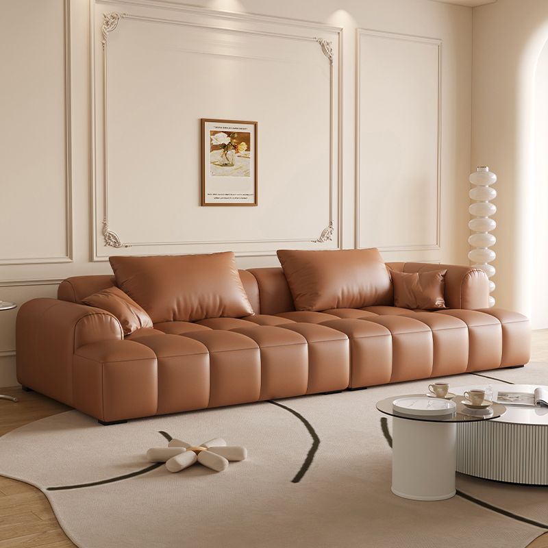 Scandinavian Faux Leather Pillow Back Recessed Arm Sofa For Living Room