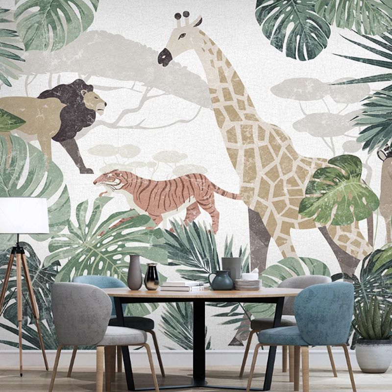 Nordic Animal and Forest Mural in Green Guest Room Wall Art, Personalized Size Available