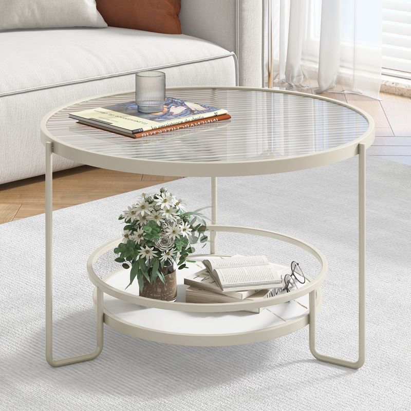 17.7" H Round Glass Coffee Table Iron 3 Legs Cocktail Table with Slate Shelf