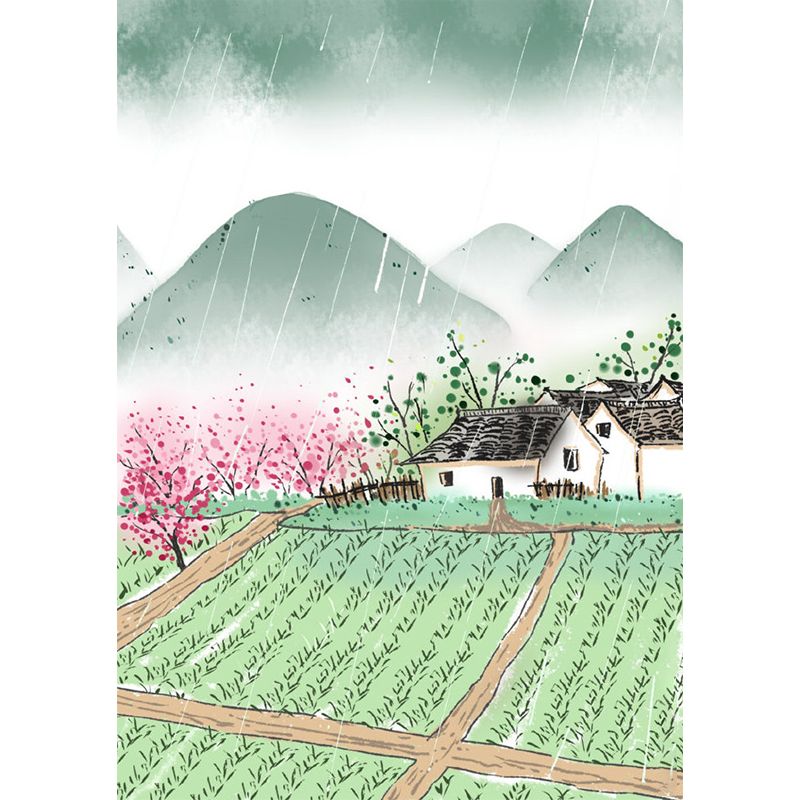 Rural Scenery Farmland Murals Pink-Green Moisture Resistant Wall Art for Living Room