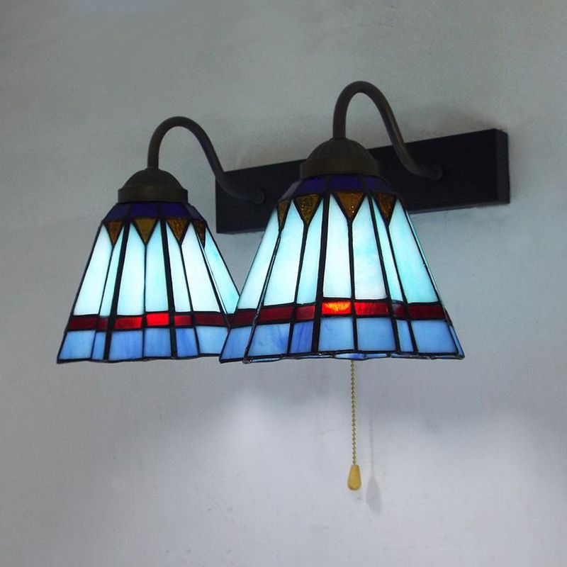 Mediterranean Cone Sconce Light 2 Heads Blue Glass Wall Mount Light with Pull Chain
