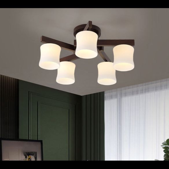 Chinese Style Wooden Semi Flush Mount Lighting White Acrylic Shade Ceiling Lamp for Dining Room