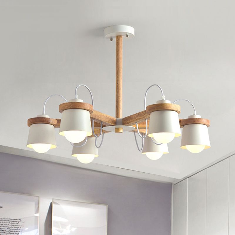 Estilo de rueda Semi Flush Nordic 6 Bulbos Araña de montaje de techo blanco con pantalla de lámpara de barril