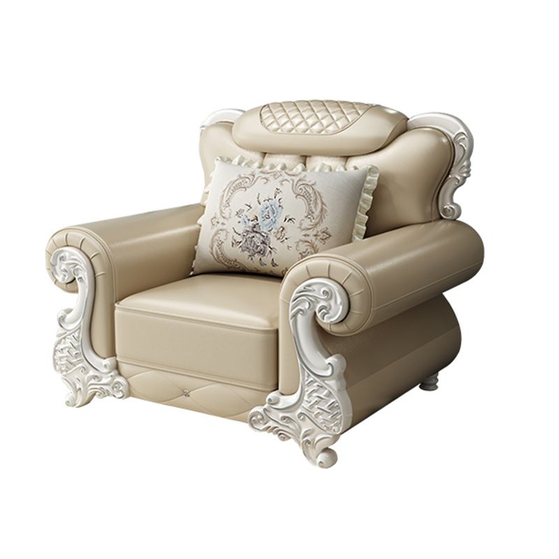 Tufted Scroll Arm Chesterfield Sofa and Chaise Genuine Leather Sofa with Pillows