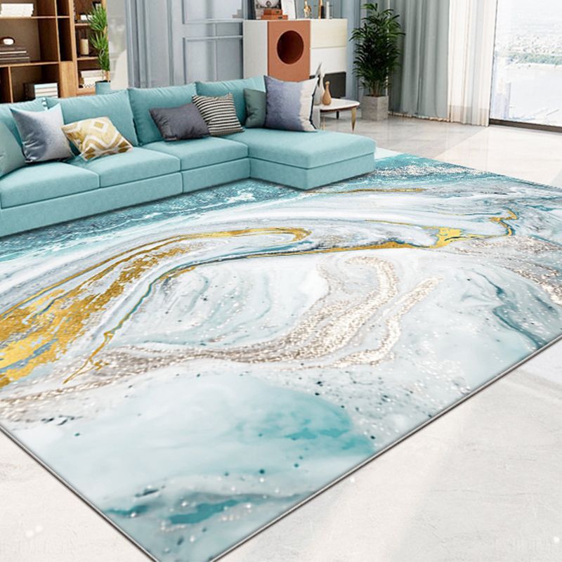 Blue Geography Rug Polyster Nordic Area Rug Non-Slip Backing Pet Friendly Carpet for Decoration