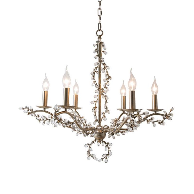 Spur Chandelier Light Contemporary Metal 6 Heads Brass Hanging Lamp Kit with Crystal Leaf