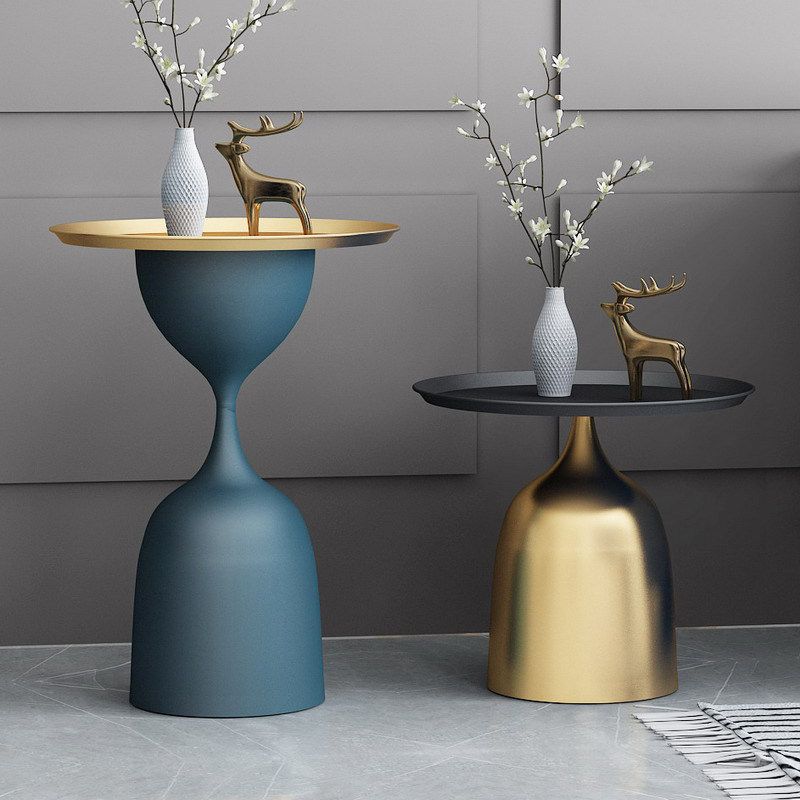 17.7"/26.3" Tall Metal Pedestal End Table Round Tray Top Side End Table