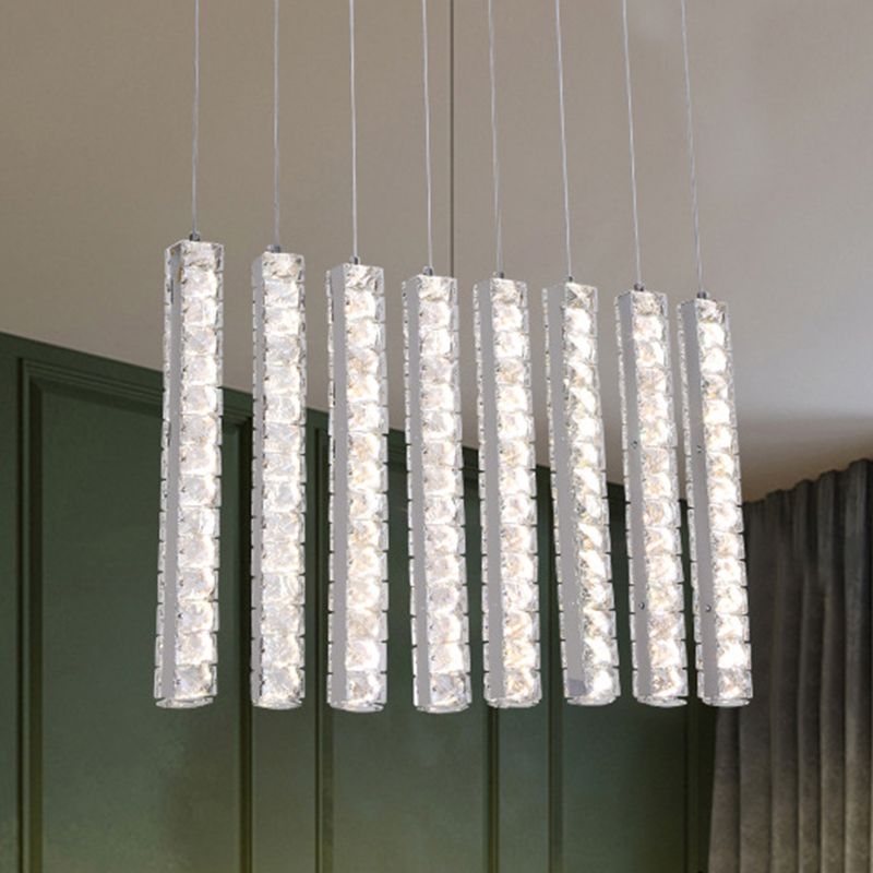 Crystal-Encrusted Rectangle Drop Pendant Minimalism Dining Table LED Multi Hanging Light in Chrome