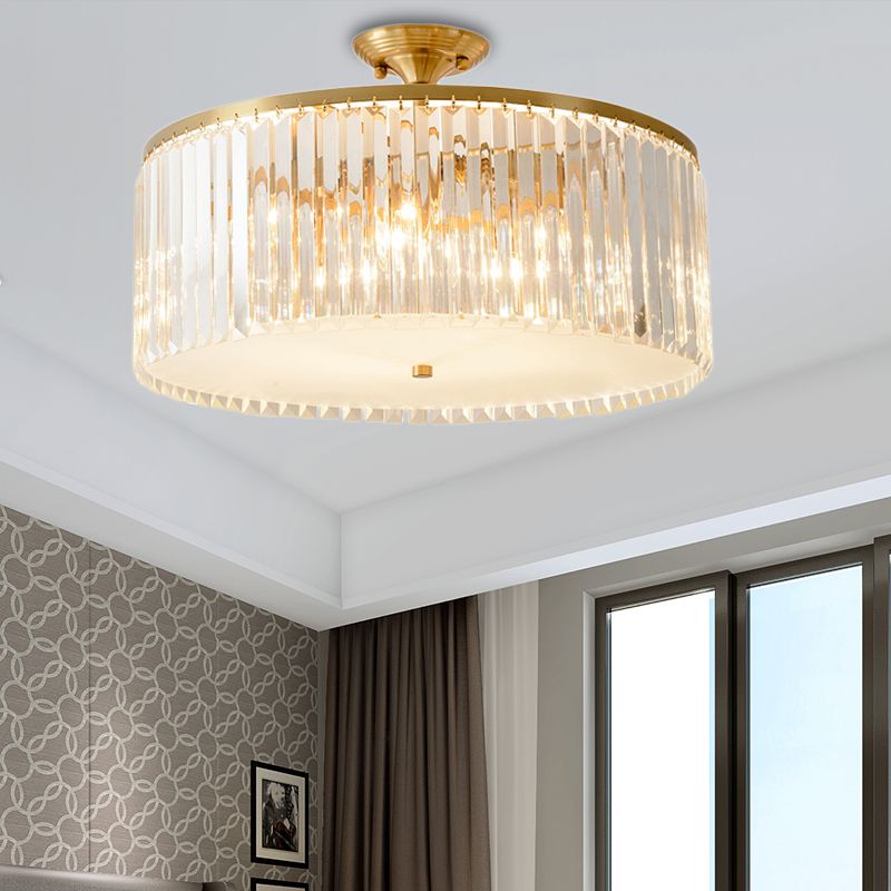 4/5/6 Bulbs Drum Semi Flush Ceiling Light Modern Clear Crystal Ceiling Lamp in Gold for Living Room