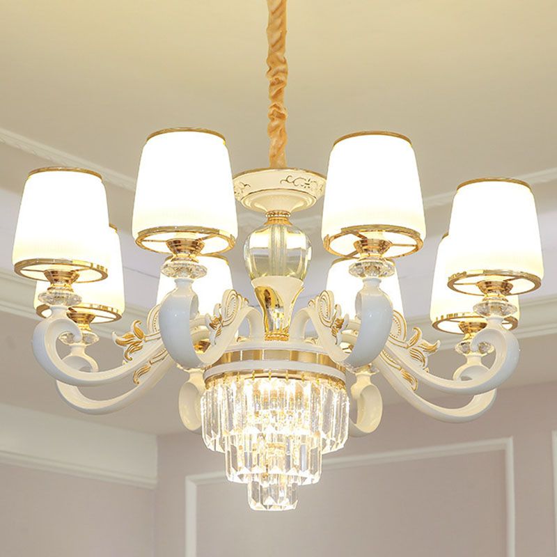 Luz de colgante colgante cónico de oro simplicidad de vidrio opalino iluminación con brazo curvo