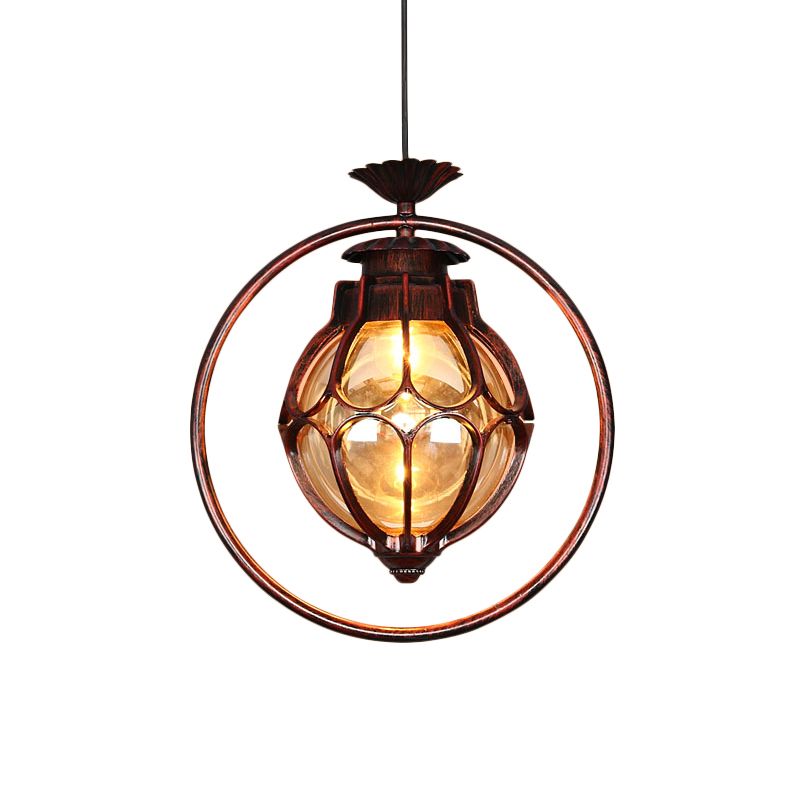 1 Light Suspension Lamp Rustic Globe Amber Glass Hanging Pendant Light in Copper with Iron Ring