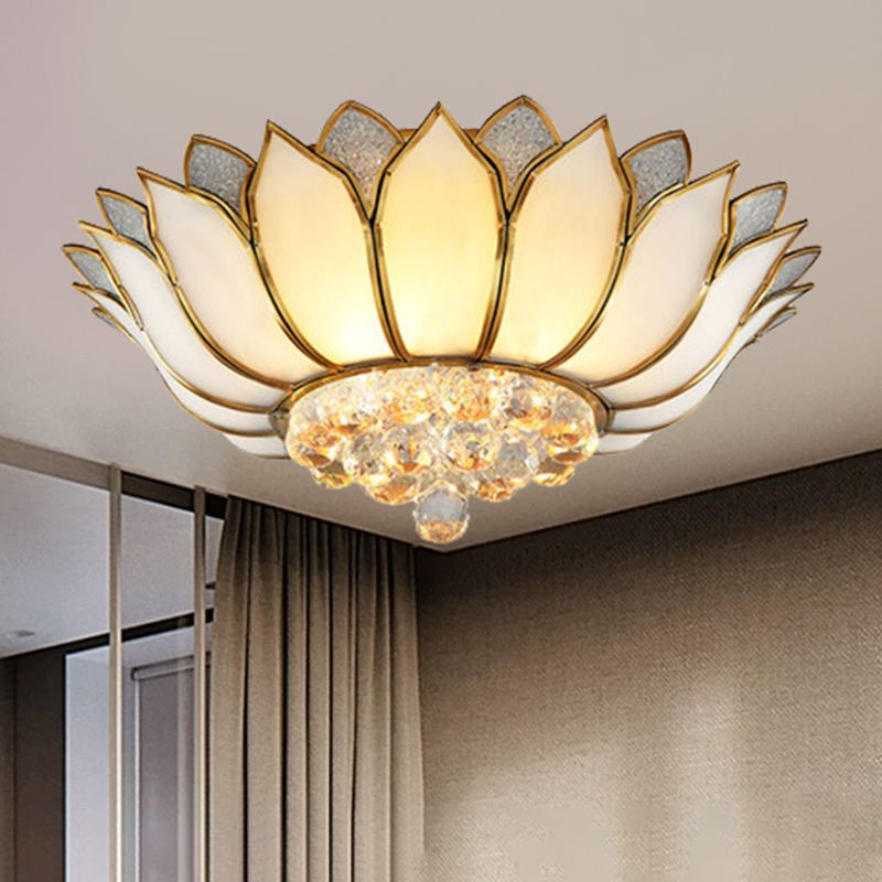 Éclairage semi-monté Lotus en verre givré, plafond de chambre à coucher rurale en laiton avec gouttelette de cristal