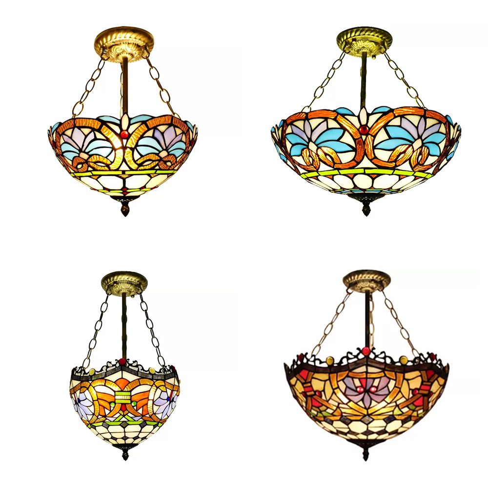 12"/16" Wide Victorian Design Bowl Ceiling Fixture Tiffany Style Stained Glass Semi Flush Mount Light in Red/Purple/Brass/Orange-Blue/Orange-Purple for Villa