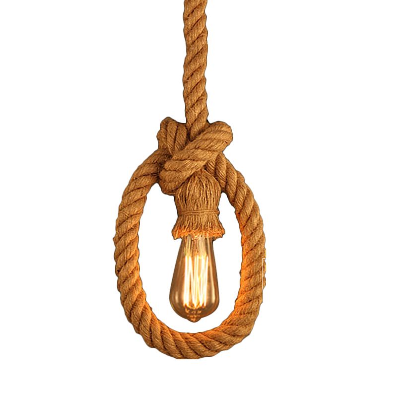 1 Head Natural Rope Pendant Lighting Lodge Beige Open Bulb Restaurant Adjustable Ceiling Light Fixture