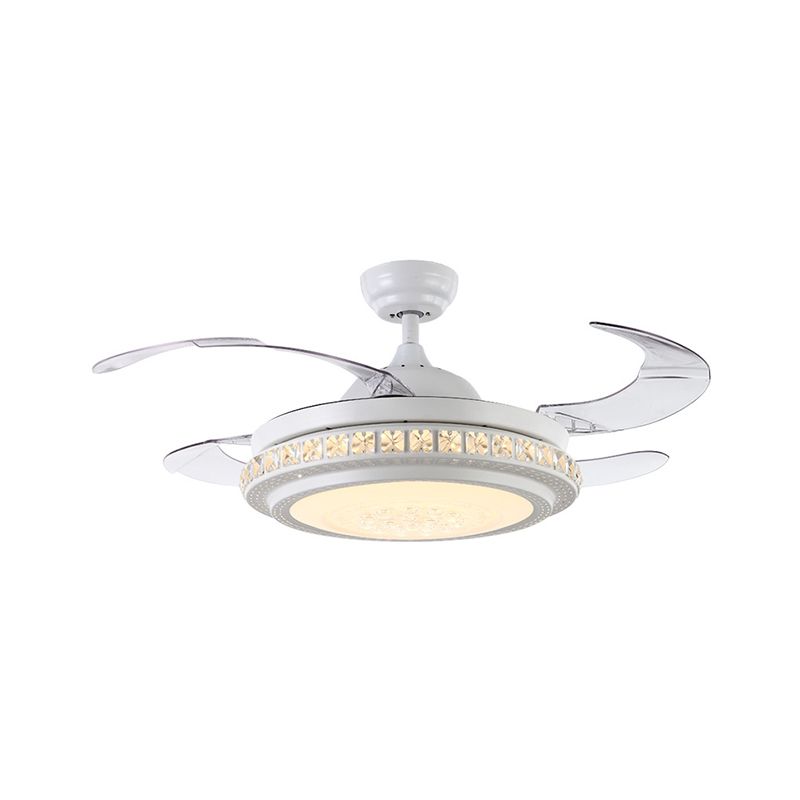 42 "W Crystal Circle Semi Flush Moderne LED LED LED -Deckenlüfterbeleuchtung in Weiß mit 4 Klingen, Wand-/Fernbedienung/Frequenzumwandlung und Fernbedienung