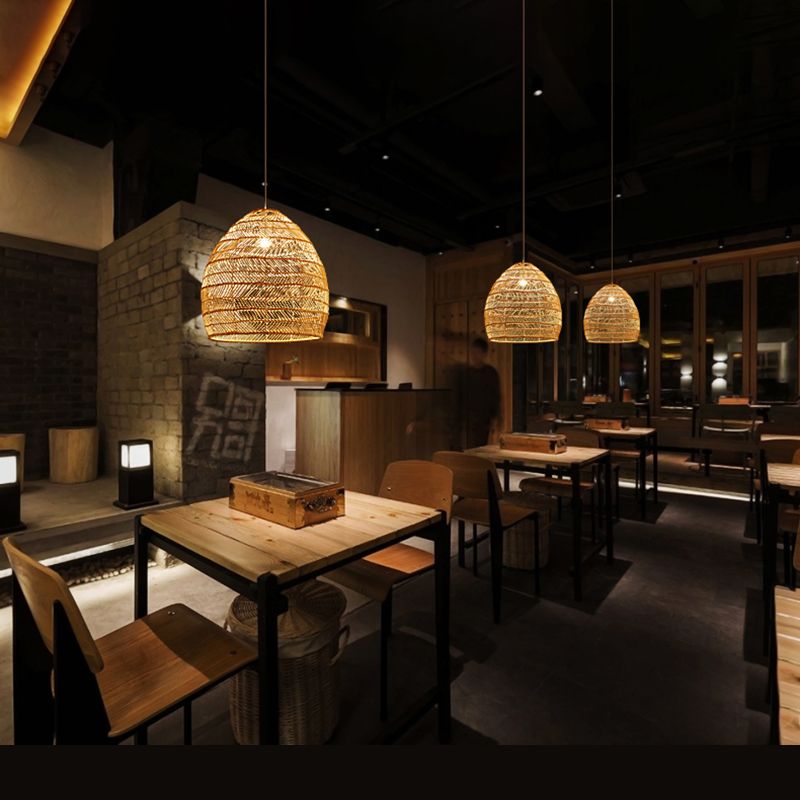 Chinese Pastoral Pendant Light Rattan 1 Head Hanging Light for Bedroom