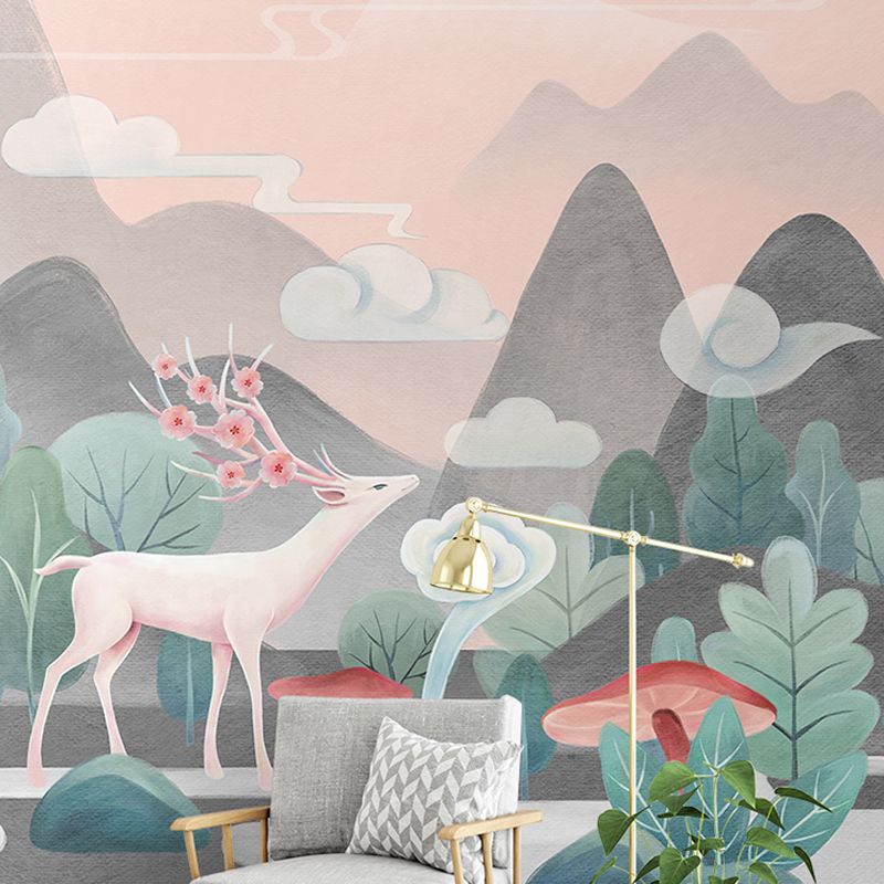 Contemporary Grey and Green Mural with Deer and Mountain Pattern for Commercial Use, Non-Woven Material
