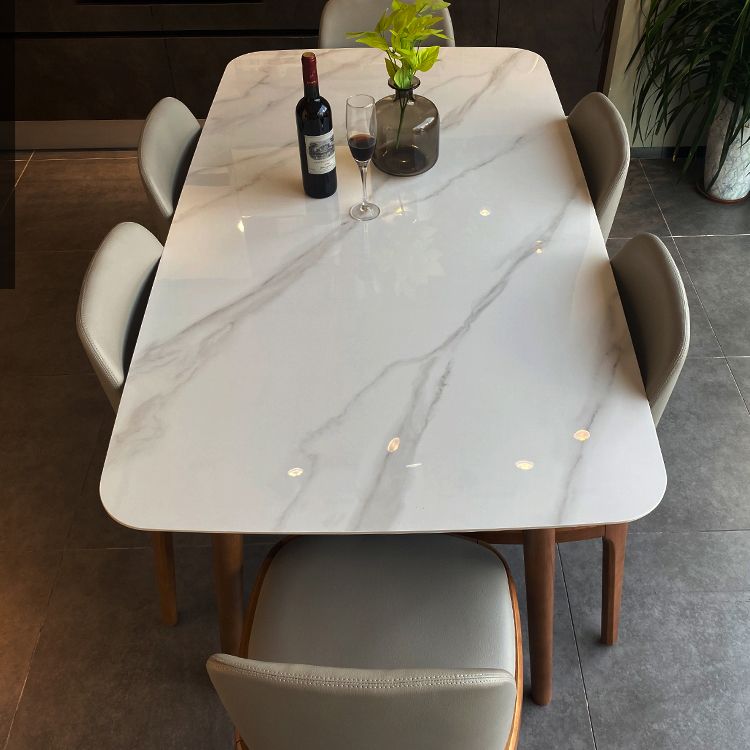 Modern Sintered Stone Dining Table Rectangular Dining Table Set with Solid Wood Base
