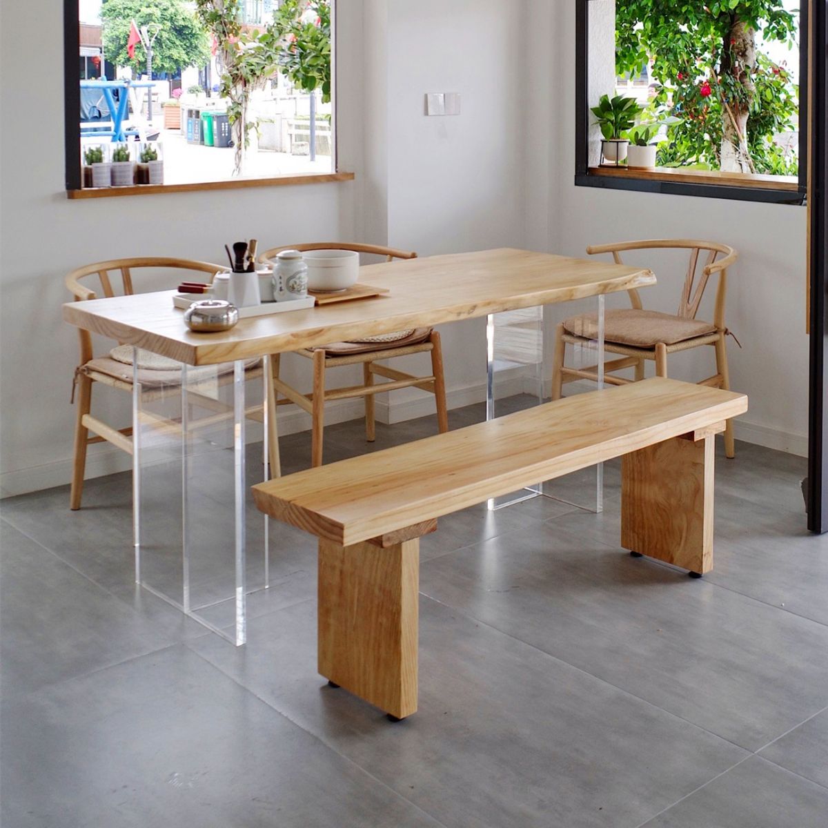 Modern Solid Wood Kitchen Table Rectangle Dining Table with Double Pedestal