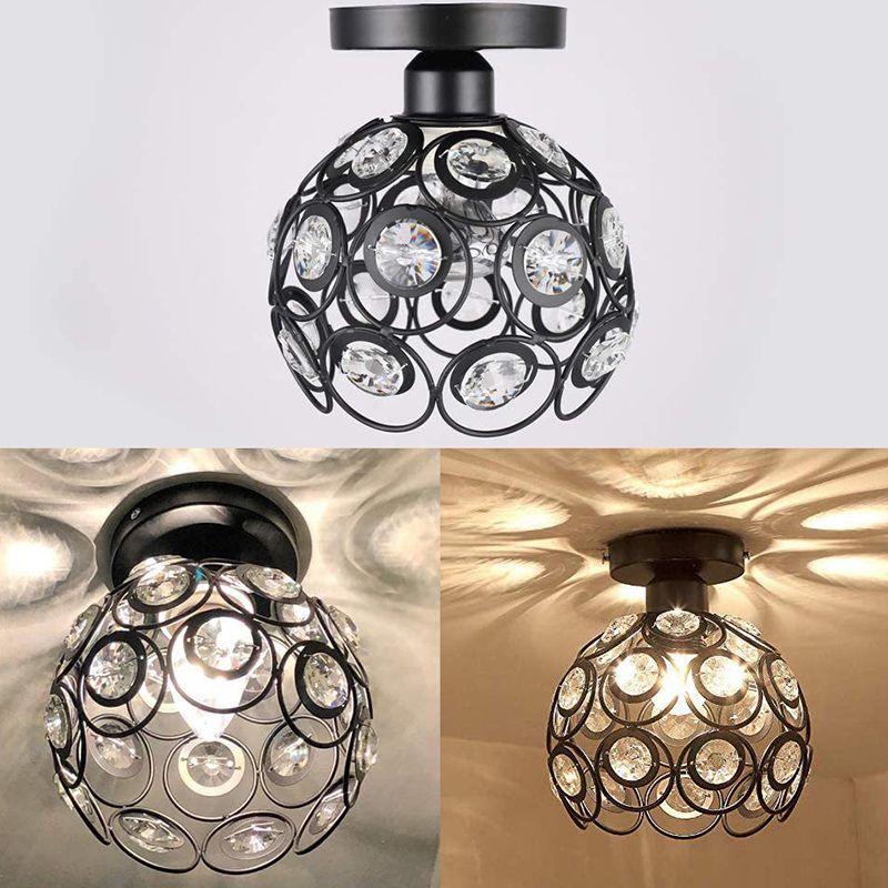 Black Metal Frame Crystal Inclay Mini Plafond Light Modern Simplicity Semi Flush Mount Mount For Corridor Asinte