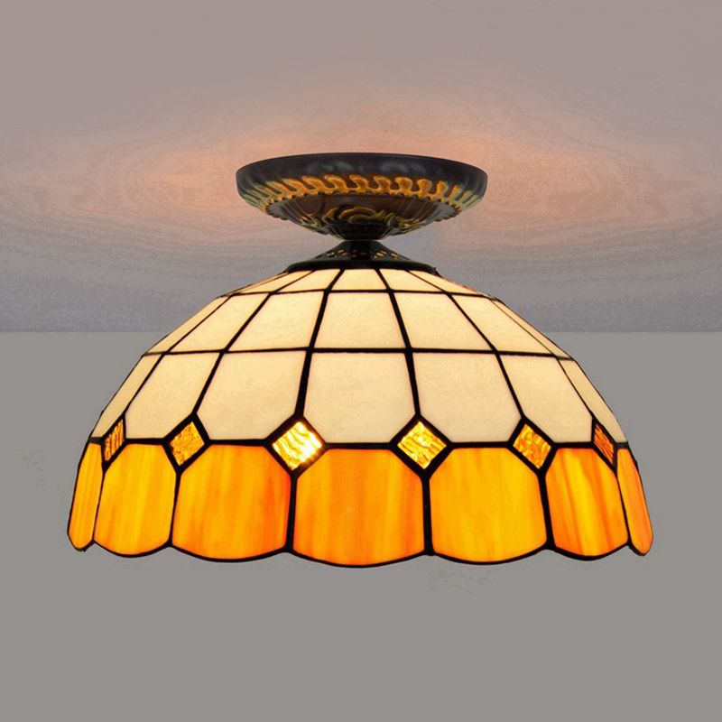 Tiffany Grid Patterned Flush Mount Light 1 Bulb Handcrafted Stained Glass LED Close to Ceiling Lamp in Blue/Orange/Green