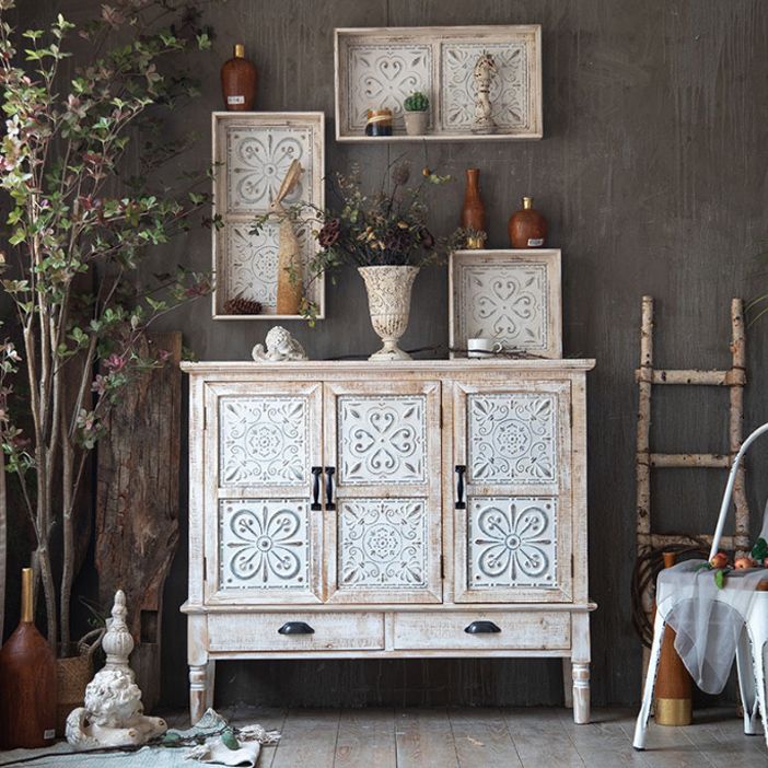 Industrial Distressed Wood Cabinet 1/2 - Drawer Solid Wood Storage Cabinet in White