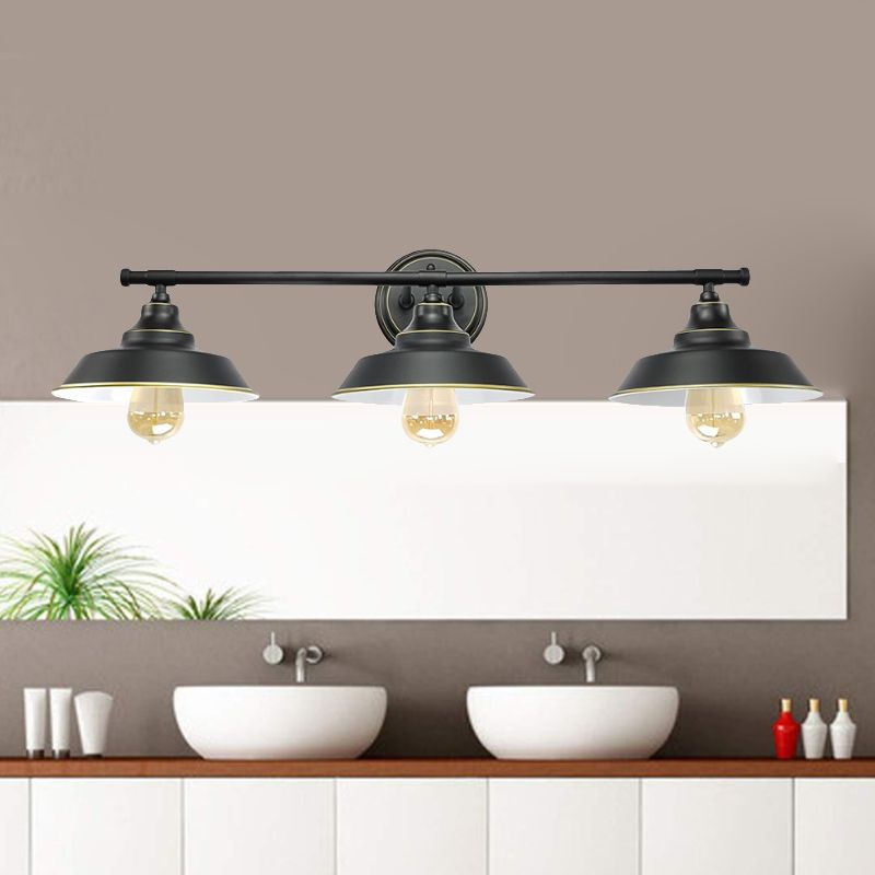 3 Lights Wall Mount Fixture with Barn Shade Metallic Retro Style Living Room Wall Lighting in Black