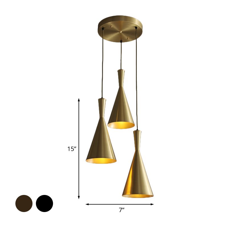 Black/Gold Finish Cluster Horn Pendant Antiqued Metal 3 Lights Kitchen Hanging Lamp with Round/Linear Canopy