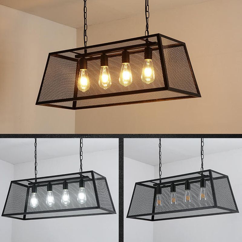 Black Island Pendant Lighting Rustic-Style Metal Cage-Shaped Island Chandelier Light