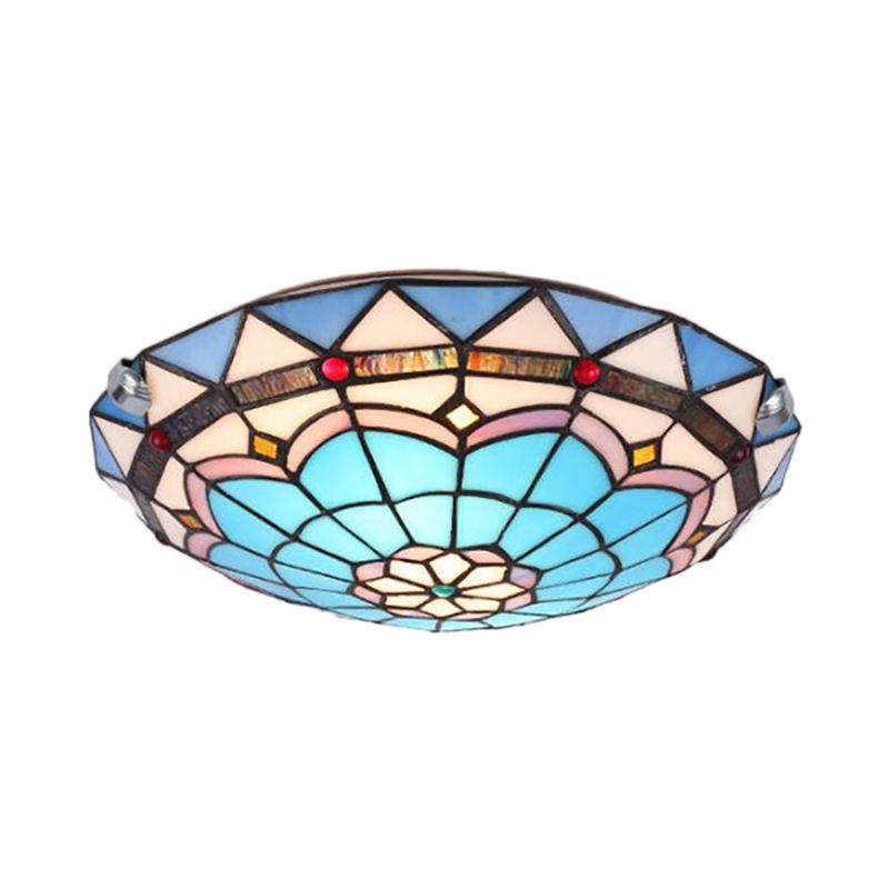 12"/16"/19.5" Wide Baroque Bowl Flush Ceiling Light Stained Glass Indoor Flush Mount Light in Blue/Blue-Brown