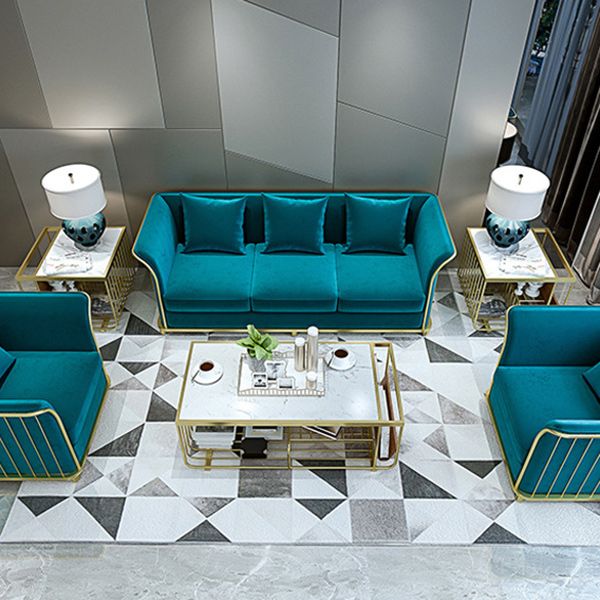 27.5" H Contemporary Blue Velvet Tuxedo Arm Sofa with Pillows